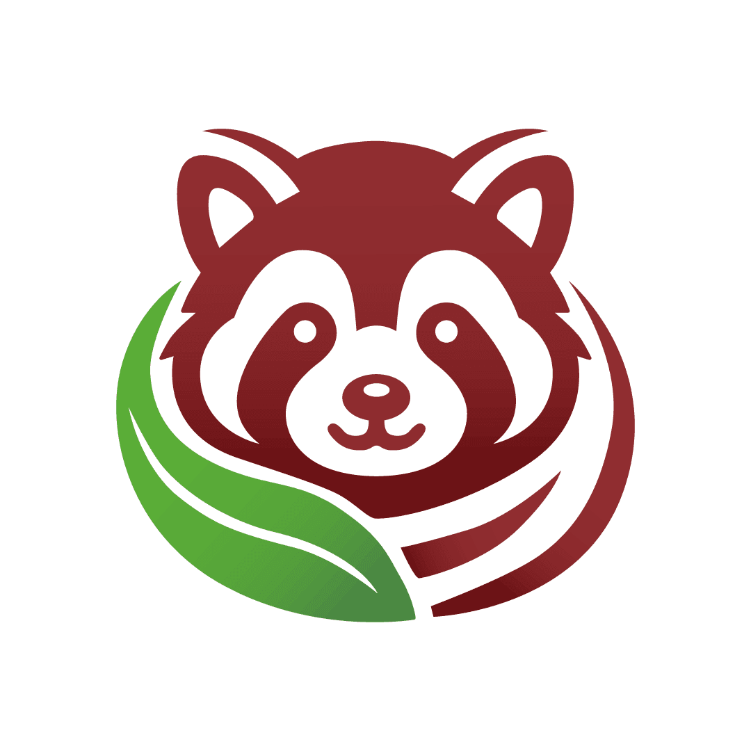 Logotipo de ClimateFest: la cara de un panda rojo abrazada por una hoja verde.